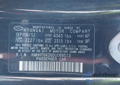 2013 Hyundai Genesis 2.0T из США, поврежденный, VIN KMHHT6KD6DU088513